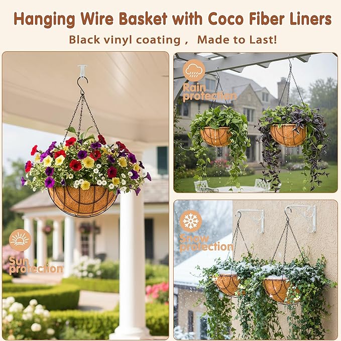 Metal Hanging Baskets for Plants Outdoor 4 Pack Round Metal Wire Hanging Basket - Image 3
