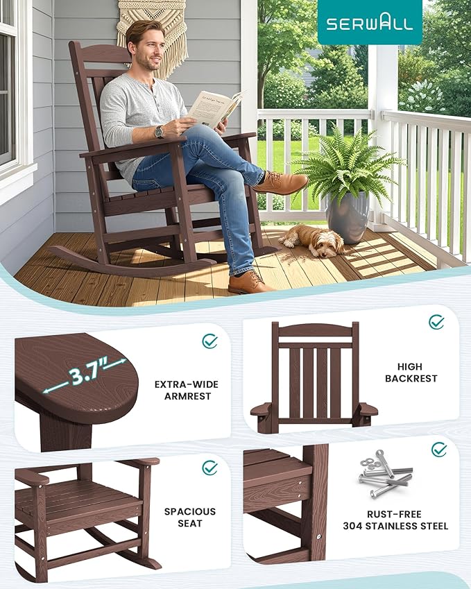SERWALL HDPE Outdoor Rocking Chair Set of 2, Oversized Patio Rocking Chairs - Image 7