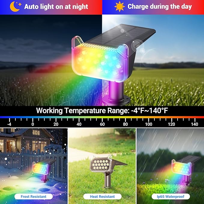 WdtPro 2 Pack Solar Color Changing Spot Lights, 10 Lighting Modes Solar Lights - Image 4
