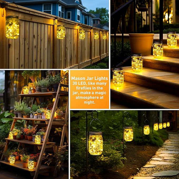 GIGALUMI Hanging Mason Jar Solar Lights, 6 Pack 30 Led Tinplate Lids Hanging - Image 3