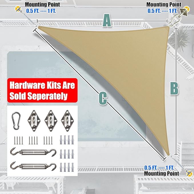 Amgo 24' x 24' x 33.9' Beige Right Triangle Sun Shade Sail UPF50+ Canopy Awning - Image 7