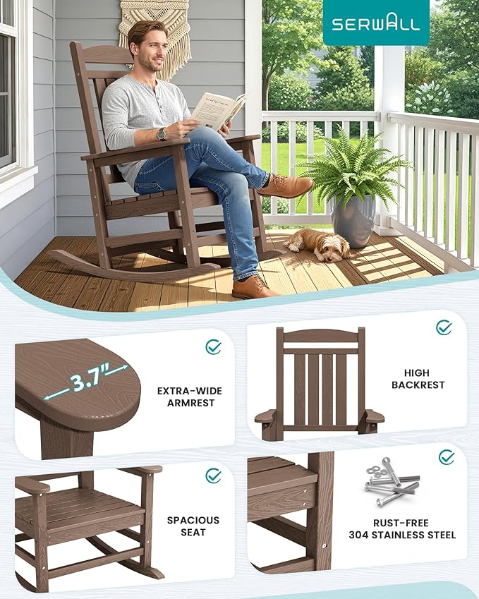 SERWALL HDPE Outdoor Rocking Chair Set of 2, Patio Rocking Chairs, All-Weather - Image 5