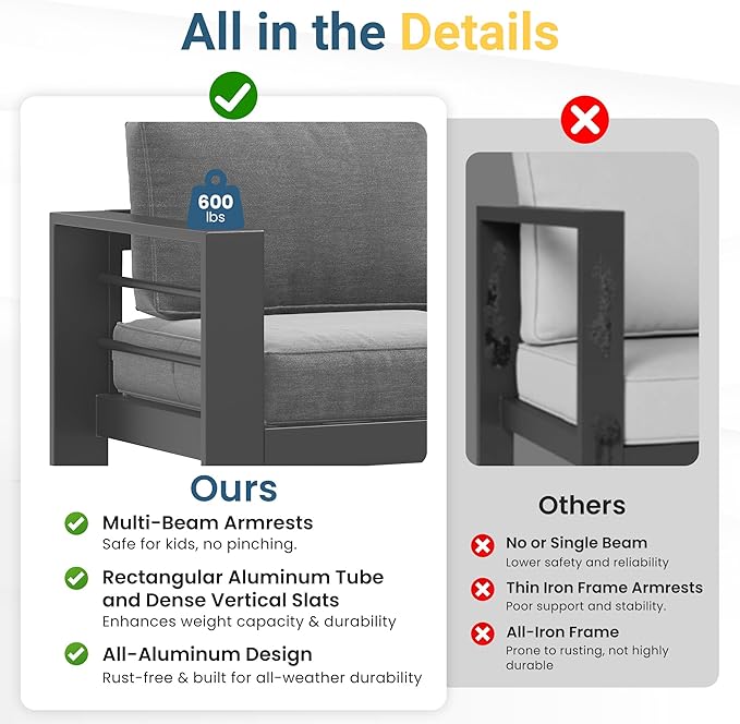 Solaste Aluminum Outdoor Patio Furniture Set, 7 Seats Patio Sectional Sofa - Image 6