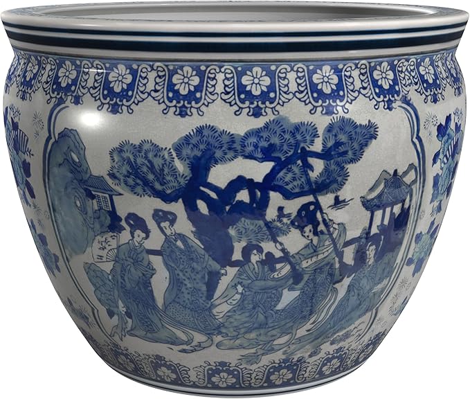 Red Lantern Oriental Furniture 16" Ladies Blue & White Porcelain Fishbowl by RedLantern