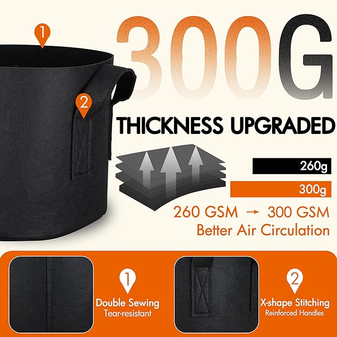 Gardzen 10-Pack 5 Gallon Grow Bags, 300G Thickened Aeration Fabric Pots - Image 3
