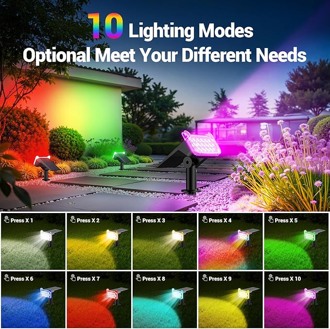 WdtPro 6 Pack Solar Color Changing Spot Lights, 10 Lighting Modes, 9 Colors - Image 2