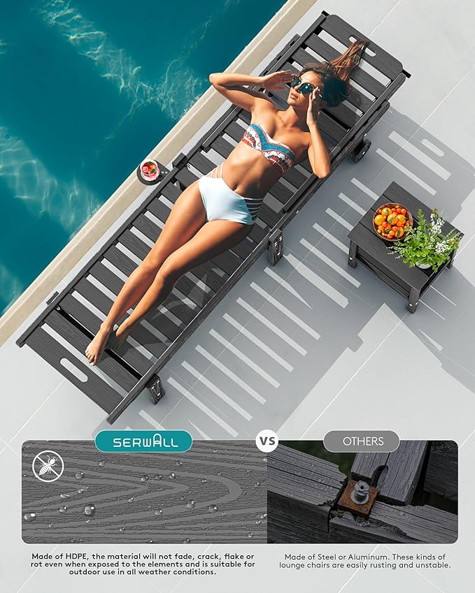 SERWALL Outdoor Chaise Lounge Chair, HDPE Patio Lounge Chair - Image 7
