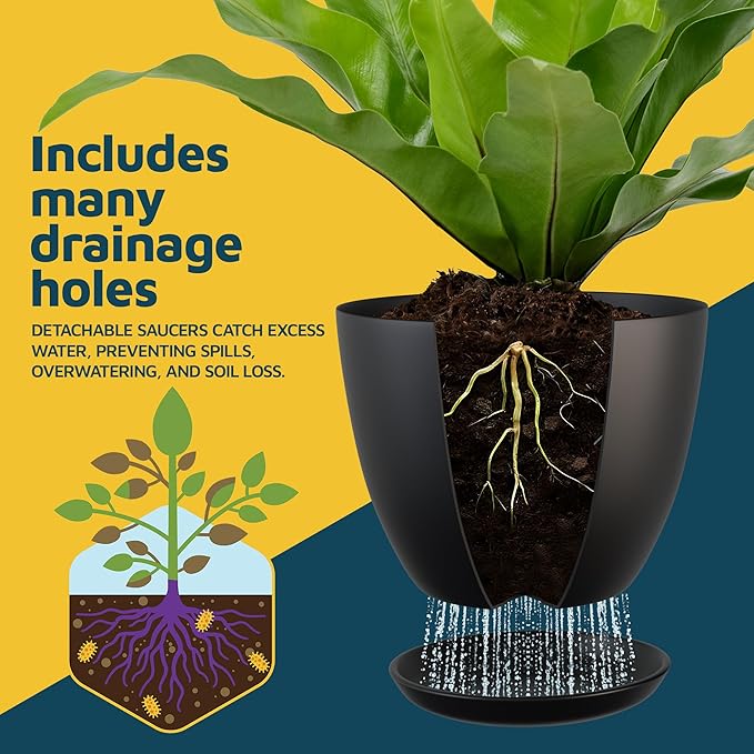 Black Plant Pots with Drainage Holes & Saucers 3 Pack, Indoor & Outdoor - Image 6