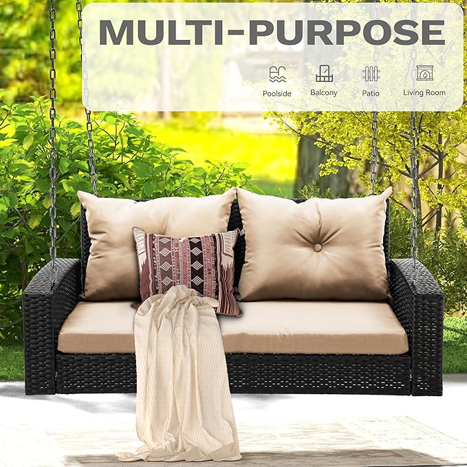 DWVO Hanging Porch Swing Chair Outdoor Wicker Rattan Patio Swing Lounge 2 Seats - Image 2