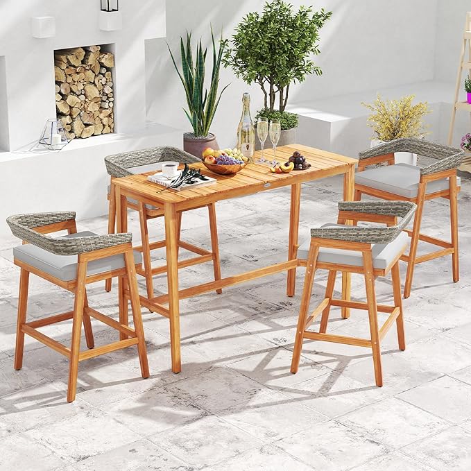 Tangkula 5 Piece Patio Bar Set, Outdoor Acacia Wood Counter Height Table - Image 3