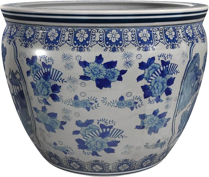 Red Lantern Oriental Furniture 16" Ladies Blue & White Porcelain Fishbowl - Image 6