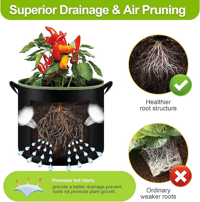 6-Pack 5/7/10 Gallon Grow Bags - 300G Heavy Duty Aeration Fabric Pots - Image 3