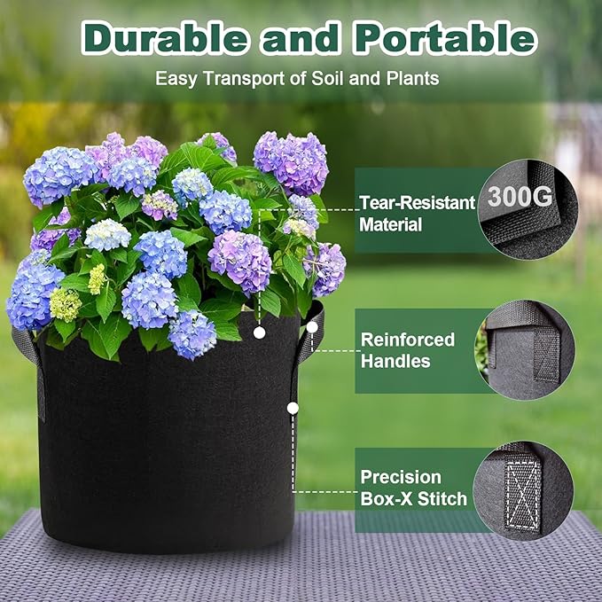 5 Pack 3 Gallon Fabric Grow Bags, Heavy Duty 300G Thickened Aeration Nonwoven - Image 5