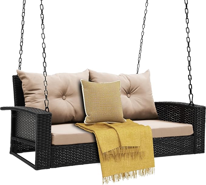 DWVO Hanging Porch Swing Chair Outdoor Wicker Rattan Patio Swing Lounge 2 Seats - Image 7