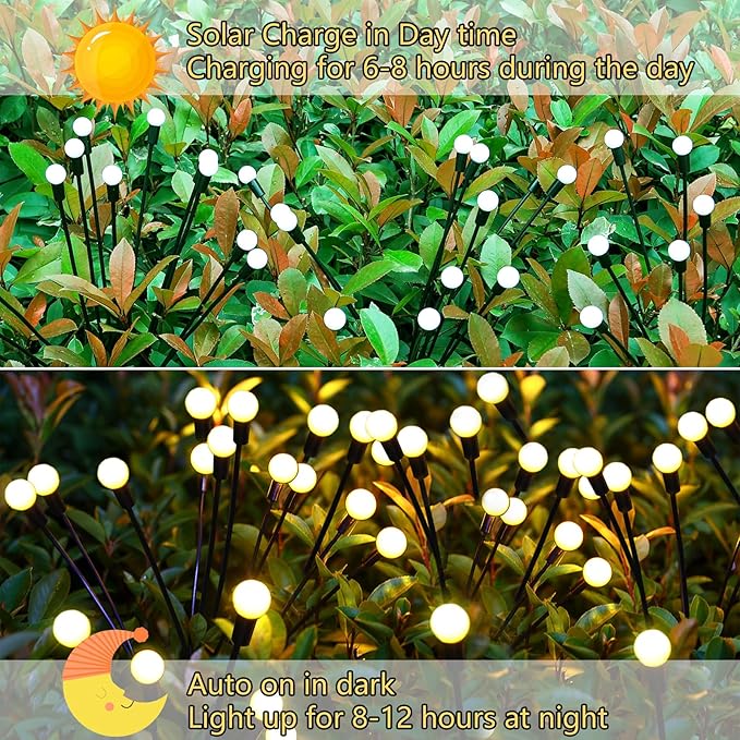 Kohlrabi Solar Garden Lights Outdoor, 10 Pack 80 LED Warm White Firefly Lights - Image 3