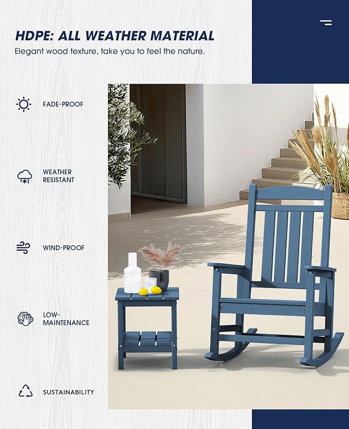 KINGYES HDPE Outdoor Rocking Chair, Widened Seat Patio Rocking Chair, Oversized - Image 5