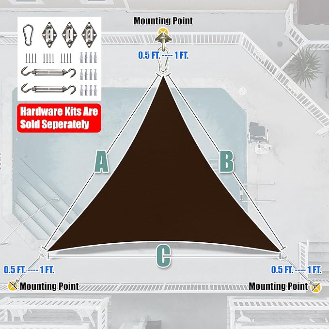 Amgo Custom Size 11' x 11' x 11' Brown Triangle Sun Shade Sail UPF50+ AGTAPRT12 - Image 8