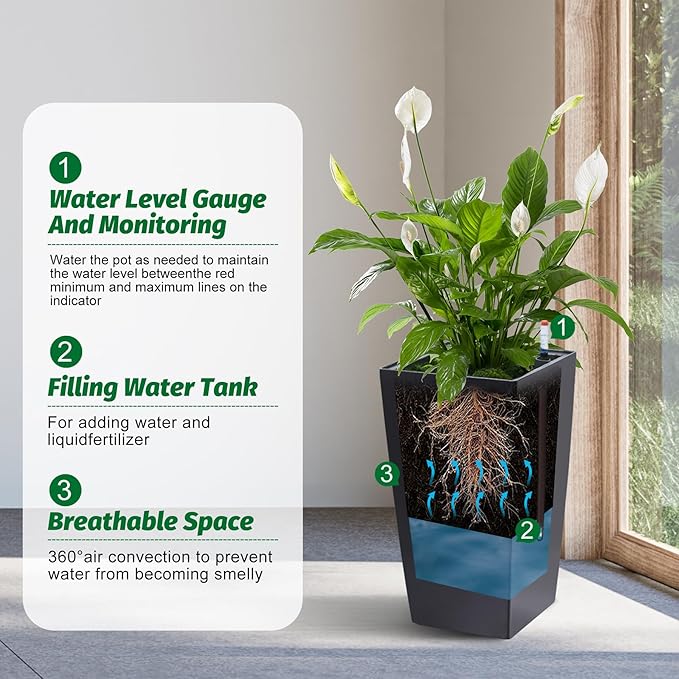GarveeLife 16 in Tall Planters Set of 2, Outdoor＆Indoor Black Planter Pots - Image 4