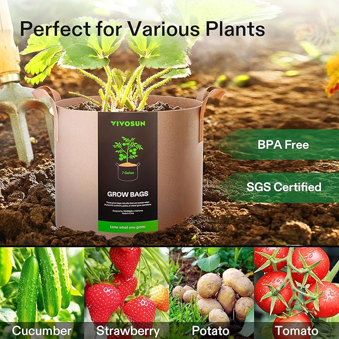 VIVOSUN 5-Pack 7 Gallons Grow Bags Heavy Duty Thickened Nonwoven Fabric Pots - Image 7