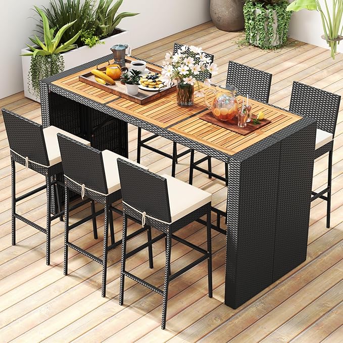 Tangkula 7 Piece Patio Wicker Bar Set, Patiojoy Outdoor Acacia Wood Bar Height - Image 2