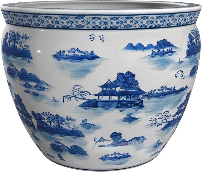 Red Lantern 20" Porcelain Fishbowl Blue & White Landscape Planter - Image 6