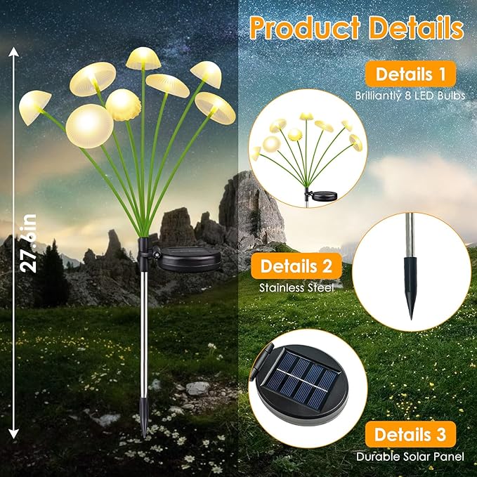 KAQ Solar Garden Lights Outdoor 6PK 48LED, Mushroom Solar Lights Outdoor - Image 4