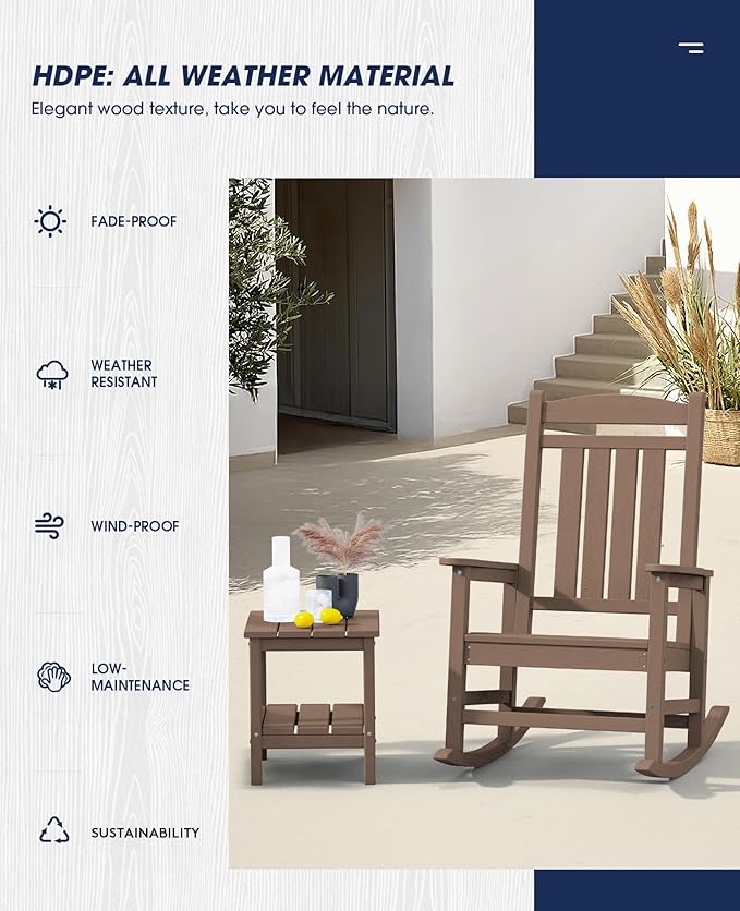 KINGYES HDPE Outdoor Rocking Chair, Widened Seat Patio Rocking Chair, Oversized - Image 5