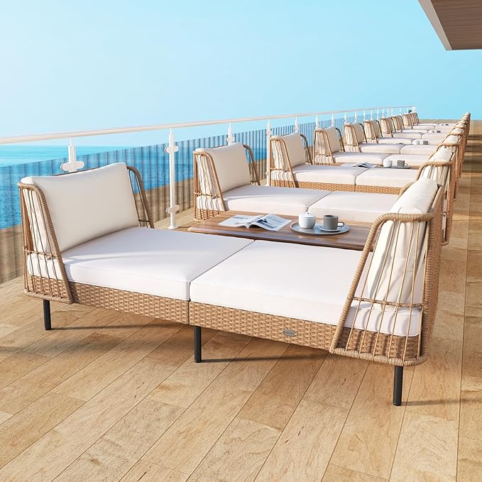 Tangkula Patio Rattan Daybed Set of 2, Boho Outdoor Wicker Lounge Sofa - Image 3