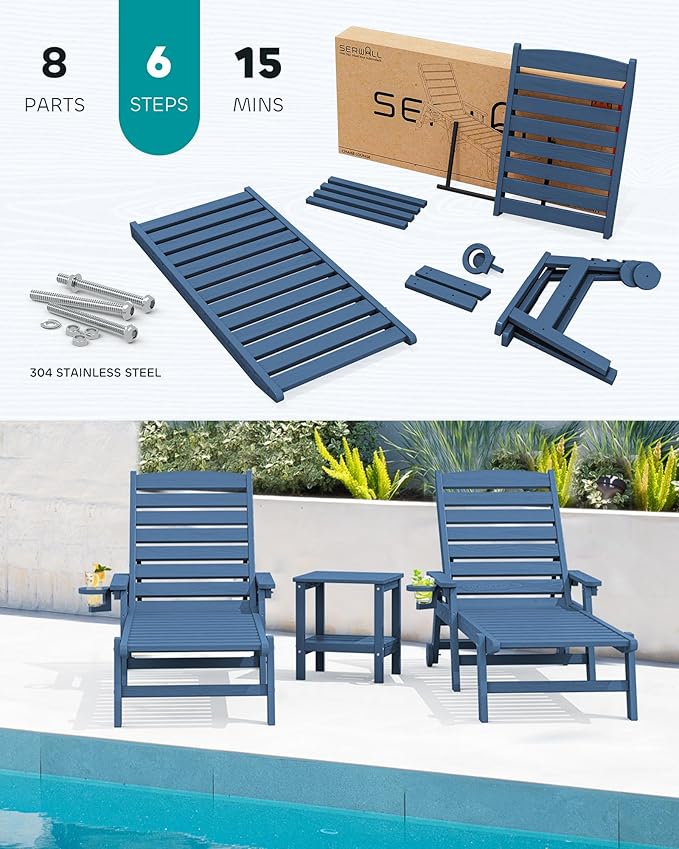 SERWALL Patio Chaise Lounge Chair Set of 6, 5 Positions Adjustable Poly Outdoor - Image 5