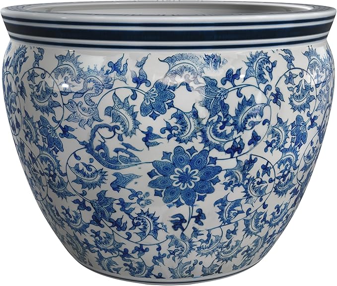 Red Lantern 14" Floral Blue & White Porcelain Fishbowl Planter or Cachepot by RedLantern