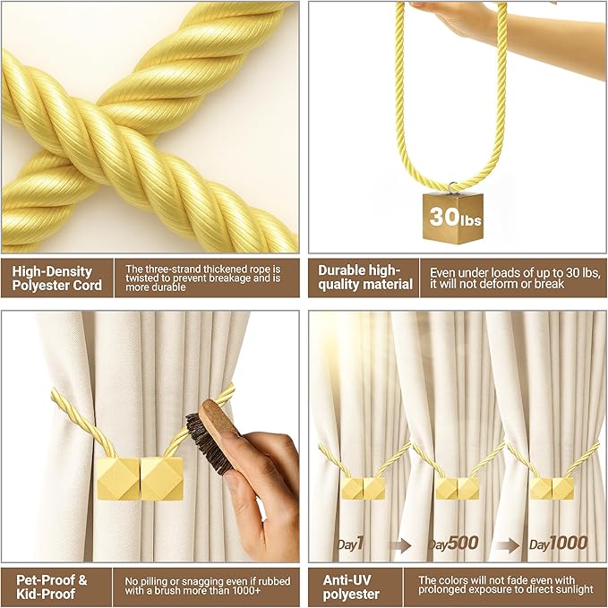 Hion Magnetic Curtain Tiebacks Golden 6 Pack, Curtain Tiebacks Buckles - Image 3