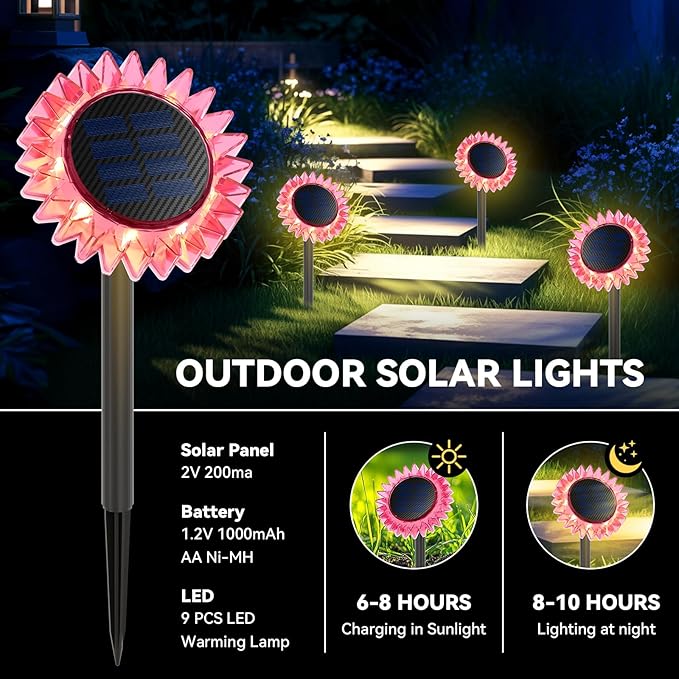 Outdoor Solar Lights, 4 Pack Led Solar Sunflower Lights, Stake/Wall 2-in-1 - Image 4
