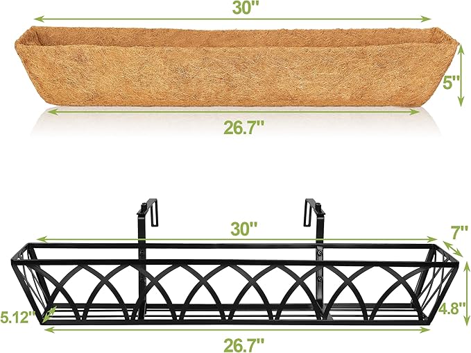 30 Inch Window Deck with Coco Liner Set of 4, Metal Hanging Flower Planter - Image 2