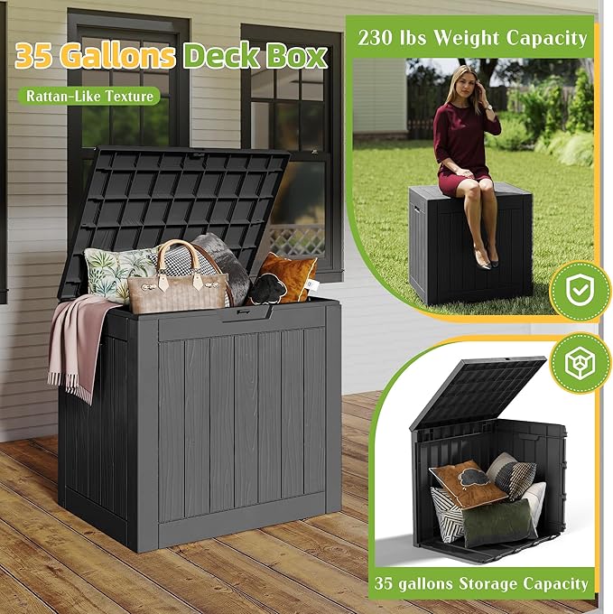 35 Gallon Resin Deck Box with Lockable Latch, Waterproof UV-Resistant - Image 2