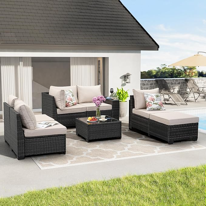 7 Pieces Patio Furniture Set All-Weather Outdoor Wicker Sectional Conversation - Image 8