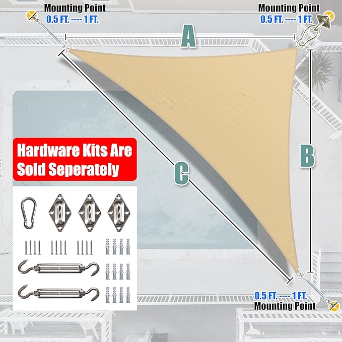 Amgo Custom Size 17' x 23' x 28.6' Beige Right Triangle Sun Shade Sail UPF50+ - Image 8