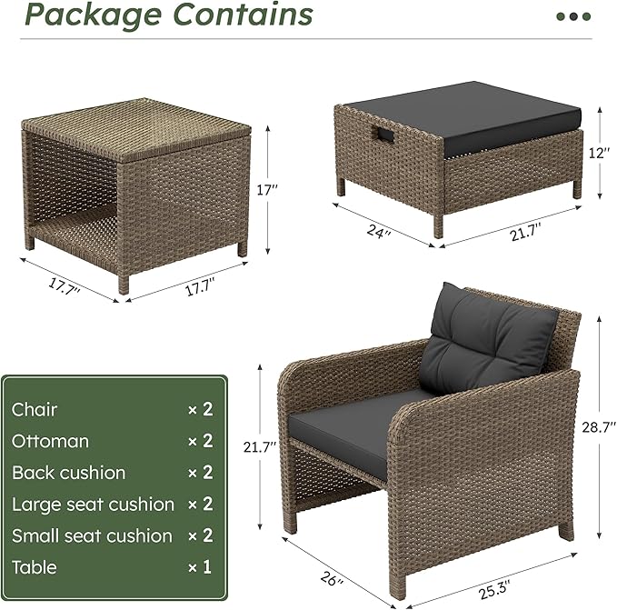 LHBcraft Outdoor Furniture 5 Piece Patio Conversation Set, PE Rattan Patio Set - Image 7