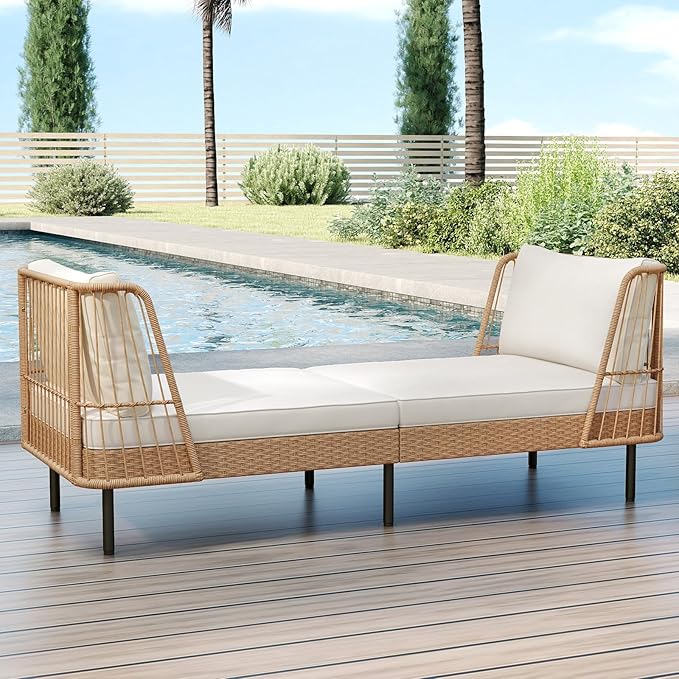 Tangkula Patio Rattan Daybed Set of 2, Boho Outdoor Wicker Lounge Sofa - Image 4