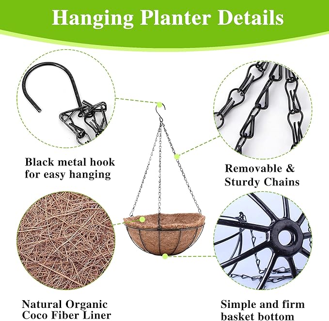 Metal Hanging Planters Basket Set of 3 Hanging Flower Pots 12 Inch Chain Round - Image 5