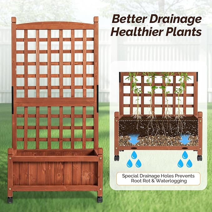 VINGLI Wooden Planter with Trellis, FreeStanding Planter Box with Drainage Holes - Image 4