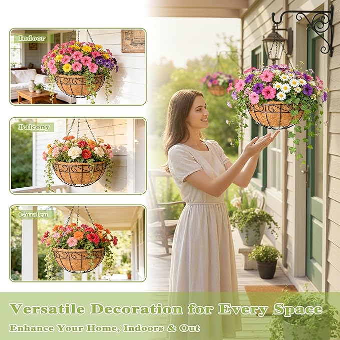 4 Pack 10 Inch Hanging Baskets for Plants Outdoor Metal Hanging Planter Hanging - Image 3