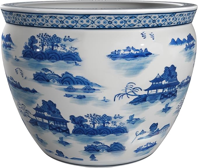Red Lantern 16" Landscape Blue & White Porcelain Fishbowl Planter or Cachepot by RedLantern