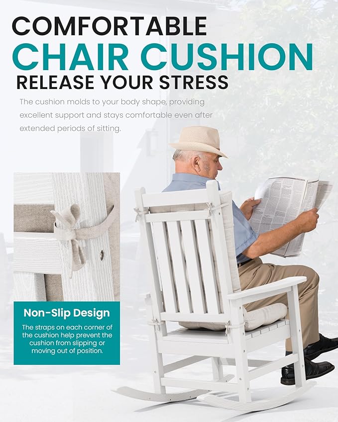 SERWALL HDPE Outdoor Rocking Chair Cushion Set of 2 Memory Foam Cushion Beige - Image 3