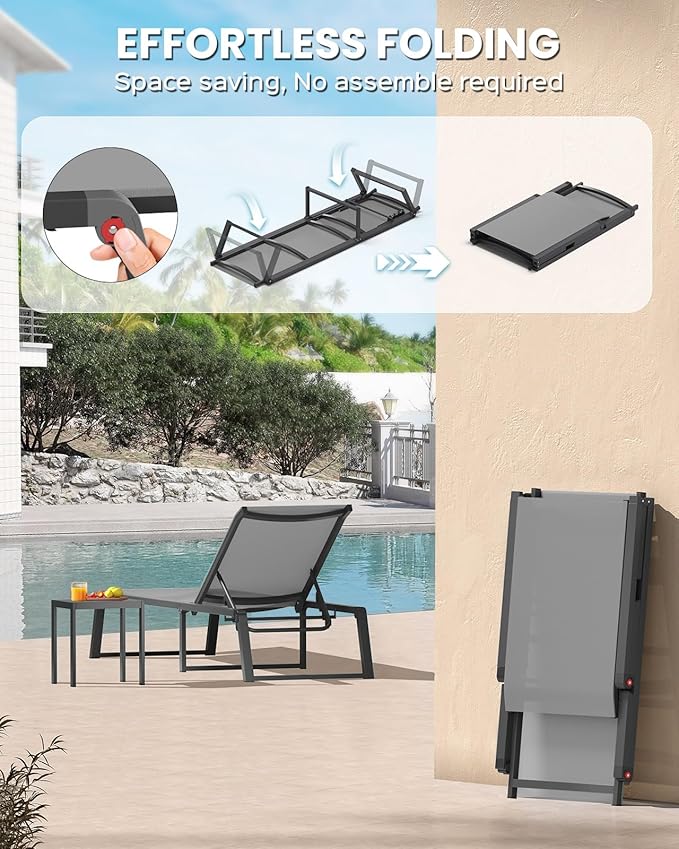 Aluminum Chaise Lounge Chair Outdoor, Foldable & No Assembly Pool Lounge Chairs - Image 3