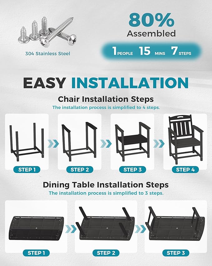 Ciokea HDPE Outdoor Dining Set, 7-Piece Patio Table and Chairs Set - Image 7