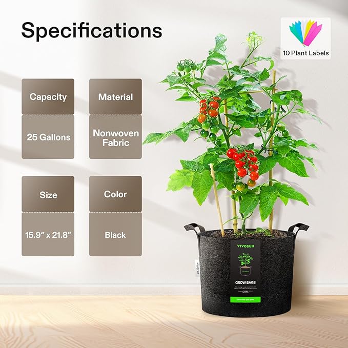 VIVOSUN 5-Pack 25 Gallon Plant Grow Bags, Heavy Duty Thickened Nonwoven Fabric - Image 6