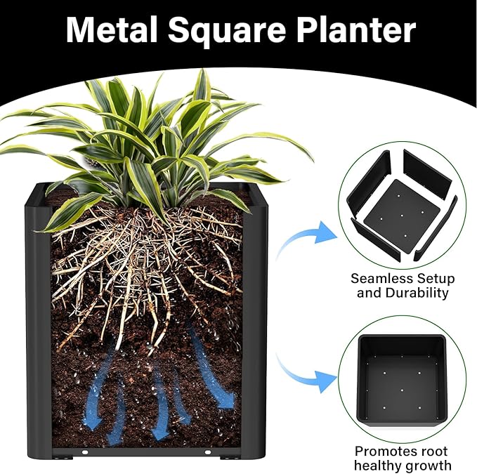 Large Metal Square Planter 26" L x 26" W x 26" H, Heavy Duty Black Large - Image 3