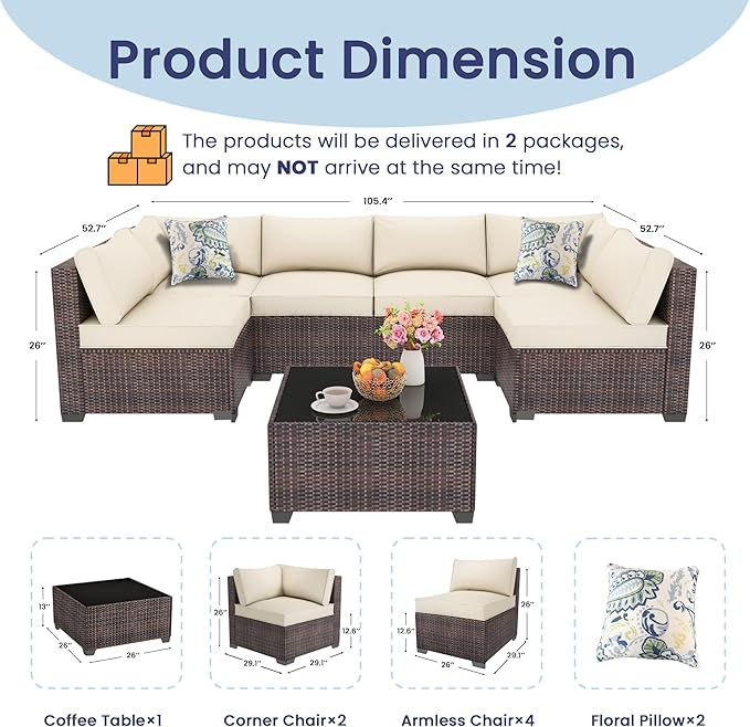 7 Piece Outdoor Patio Furniture Set, Outdoor Sectional Furniture, Rattan & - Image 6