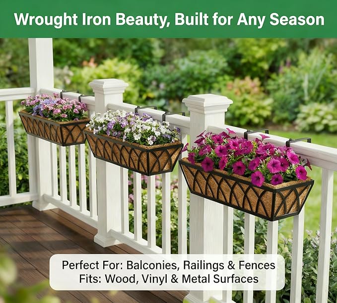 Y&M 24 Inch Window Deck with Coco Liner, Fence Metal Hanging Flower Planter - Image 8