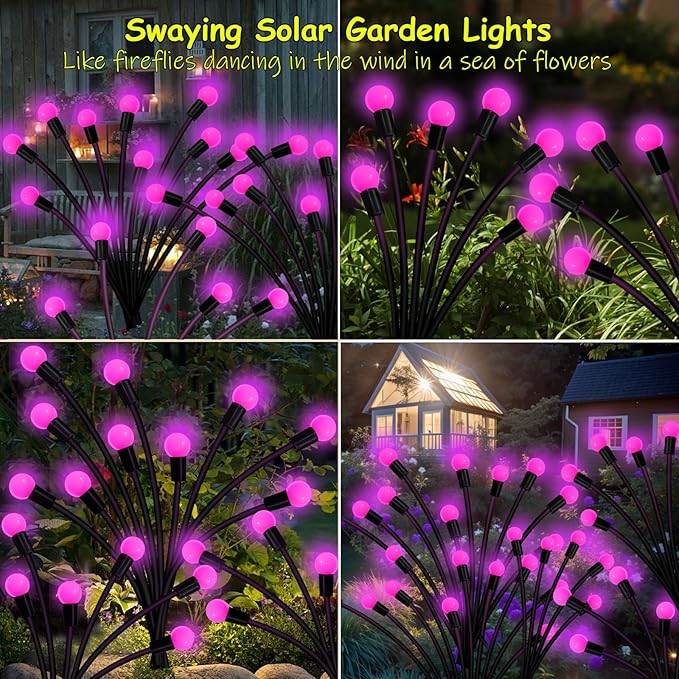 Kohlrabi Solar Garden Lights Outdoor, 4 Pack 40 LED Solar Pink Firefly Lights - Image 5